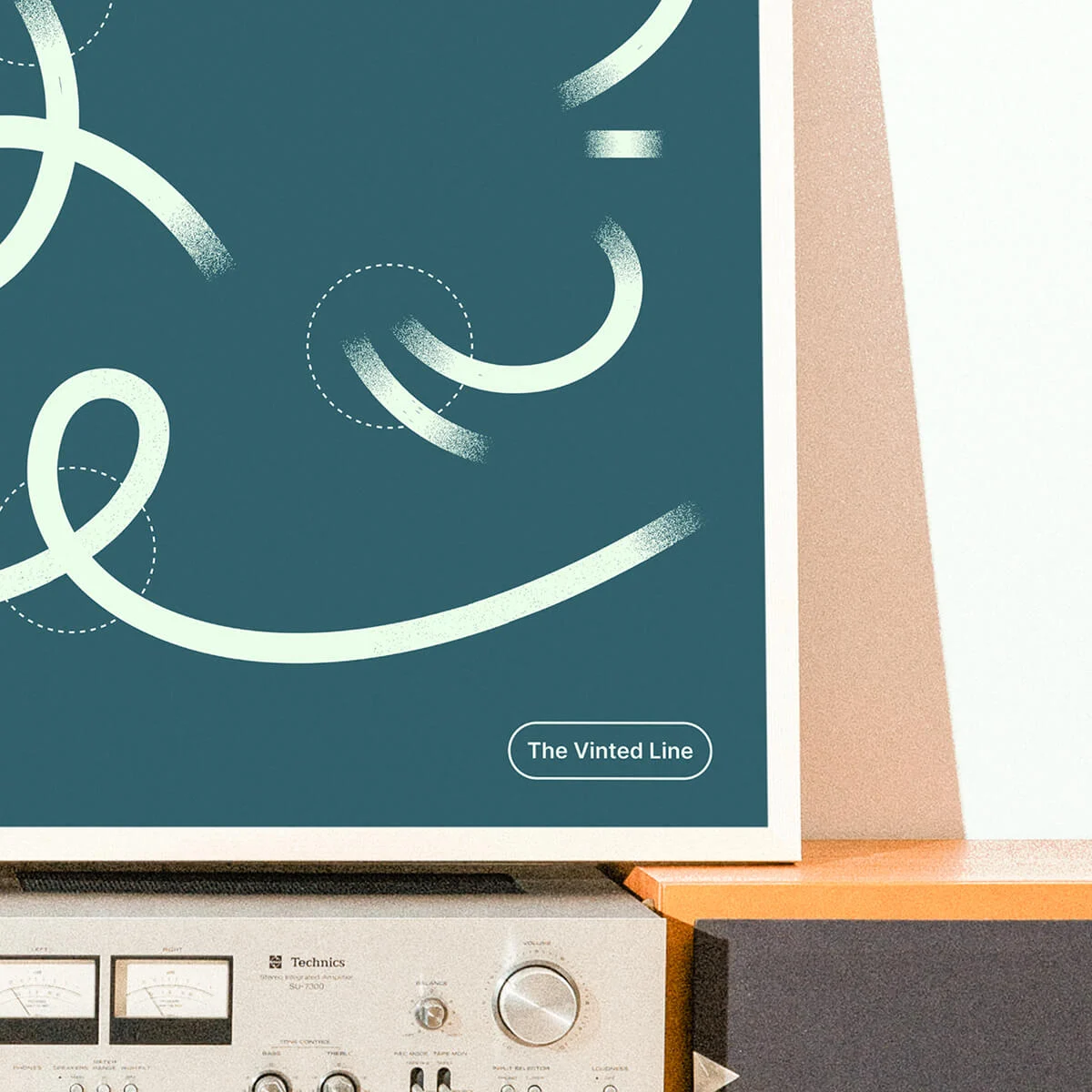 Teal Vinted poster with a looping line drawing on a shelf