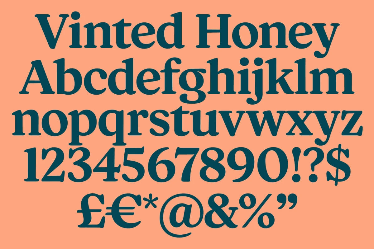 Vinted Honey typeface specimen on peach