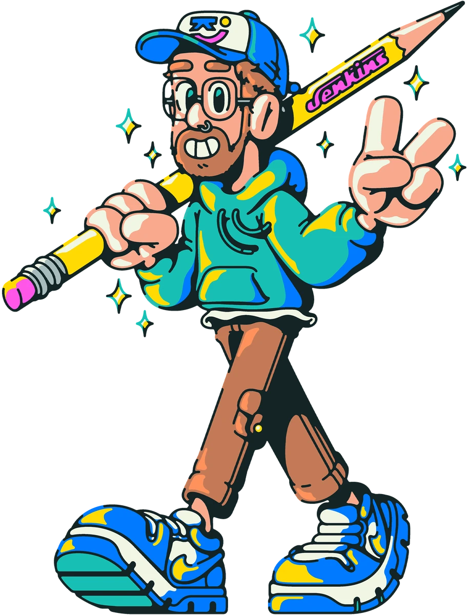 Personaje ilustrado de dibujos animados con un lápiz gigante, arte de marca de Vizcom
