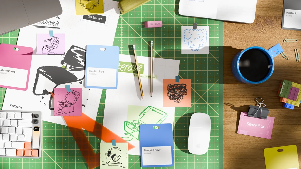 Papelería, bocetos y material de Vizcom sobre una plancha de corte verde