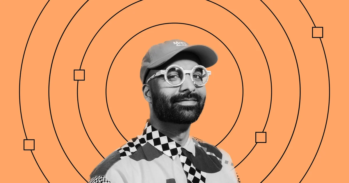 Webflow portrait with concentric rings on orange