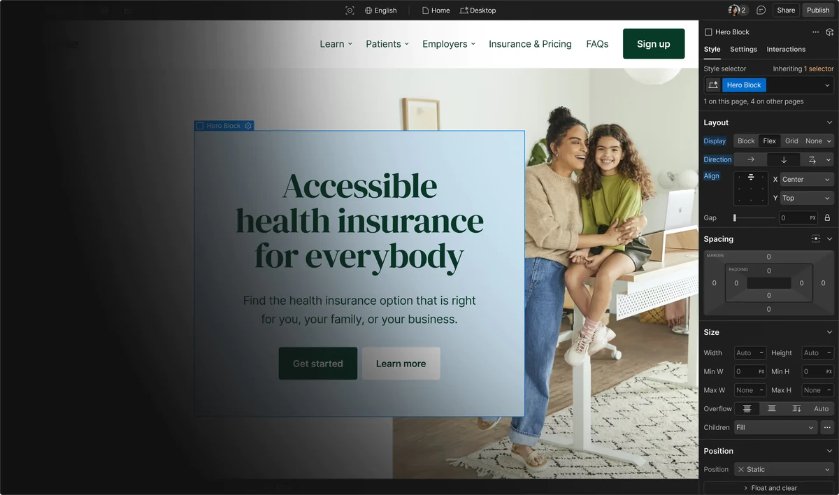 Webflow Designer editing a health-insurance site