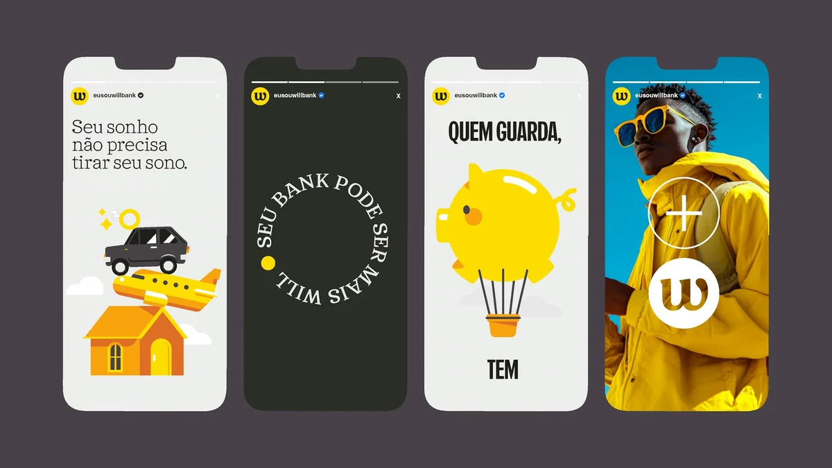 Posts sociales de Will Bank en amarillo y negro con la tipografía a medida