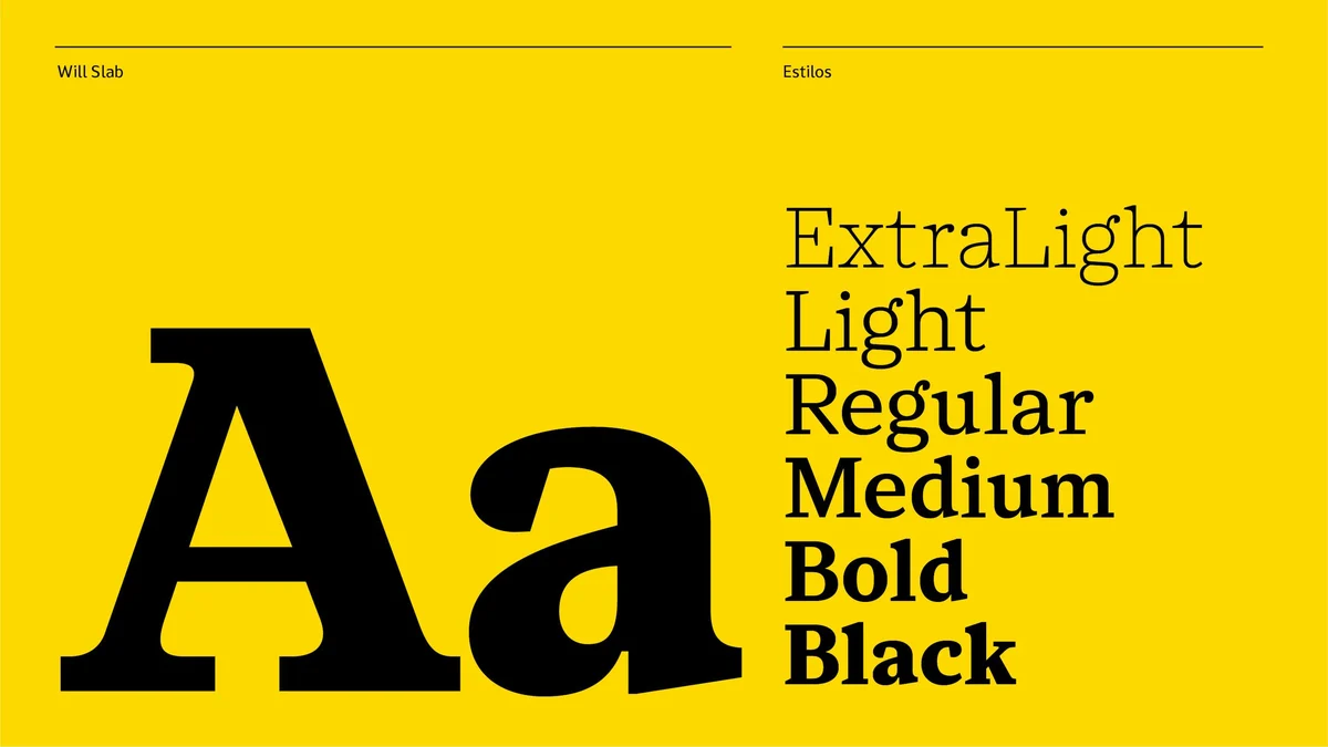 Pesos de la tipografía a medida de Will Bank, de ExtraLight a Black sobre amarillo