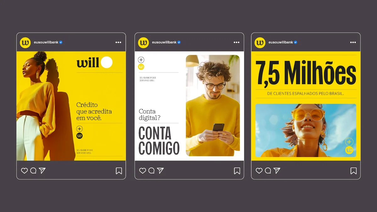Maquetaciones de la app y de redes de Will Bank con titulares amarillos