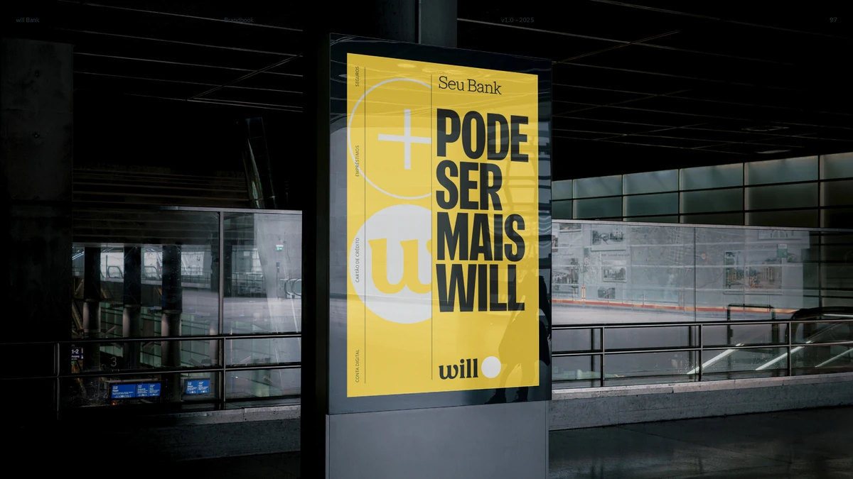 Cartel amarillo de Will Bank en un paso inferior oscuro