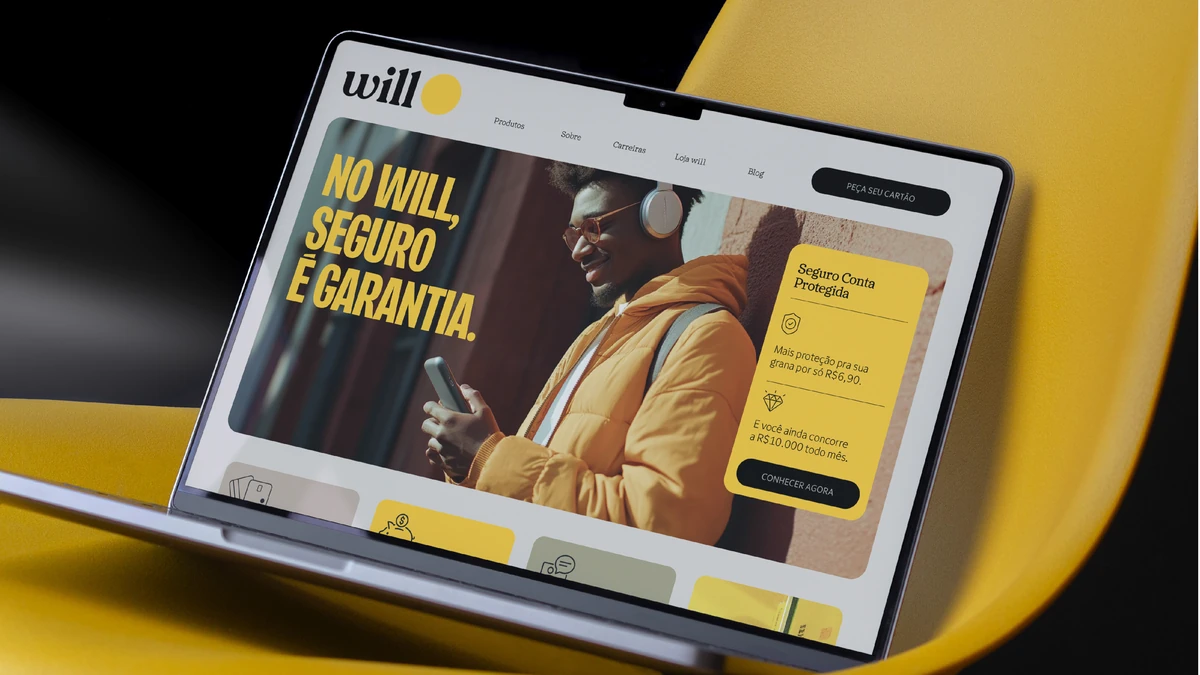 Portátil con una página web de Will Bank en amarillo