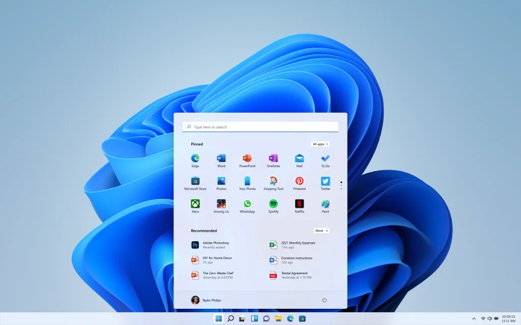 Windows 11 Start menu over the bloom wallpaper