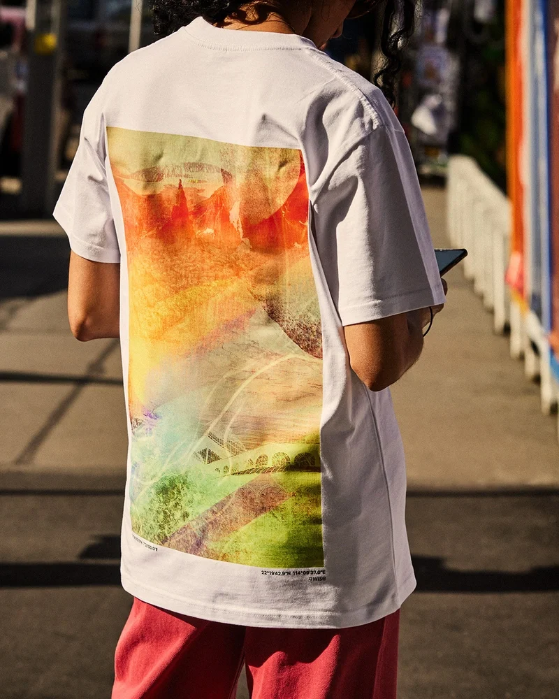 Espalda de una camiseta con una ilustración pintada y colorida de Wise