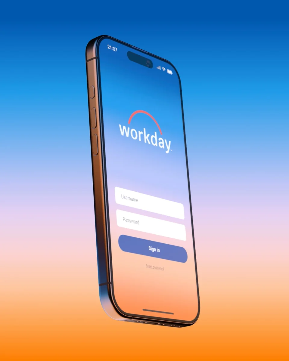 Teléfono mostrando la app de Workday sobre un degradado