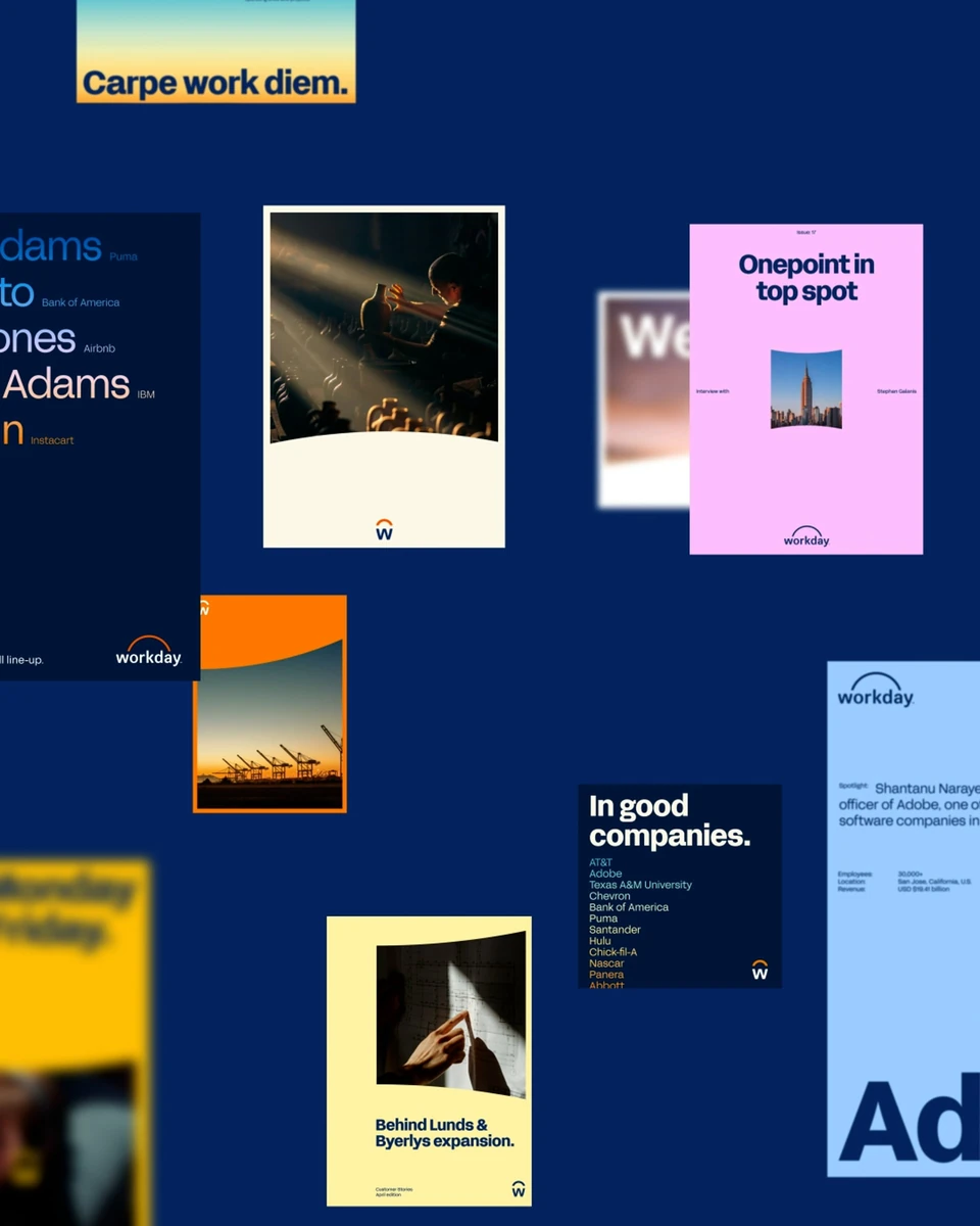 Material corporativo de Workday sobre azul oscuro