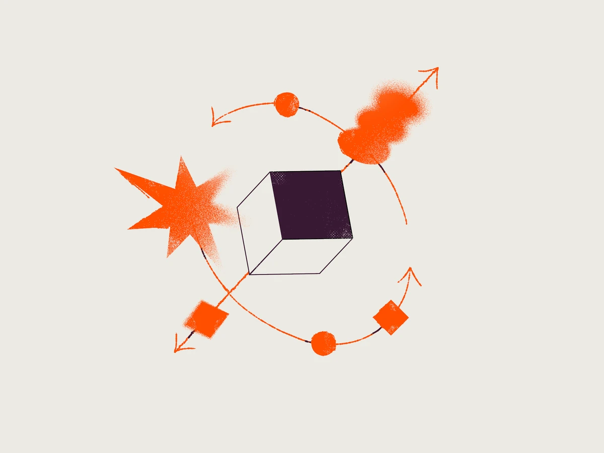 Zapier illustration: an orange cube with motion paths
