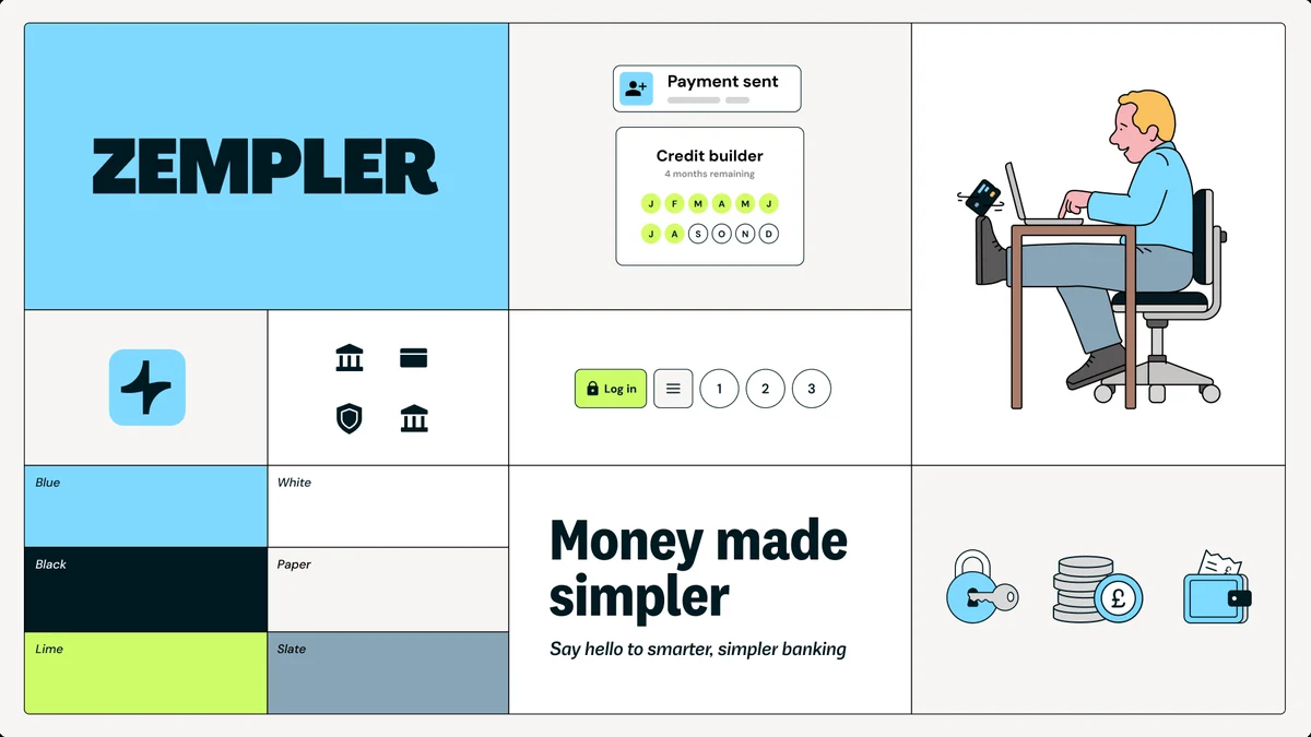 Panel de marca de Zempler con logo, iconos, ilustración y «Money made simpler»