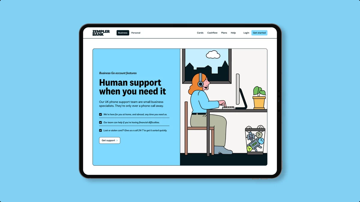 Tableta con una página web de Zempler y una ilustración de personal de atención