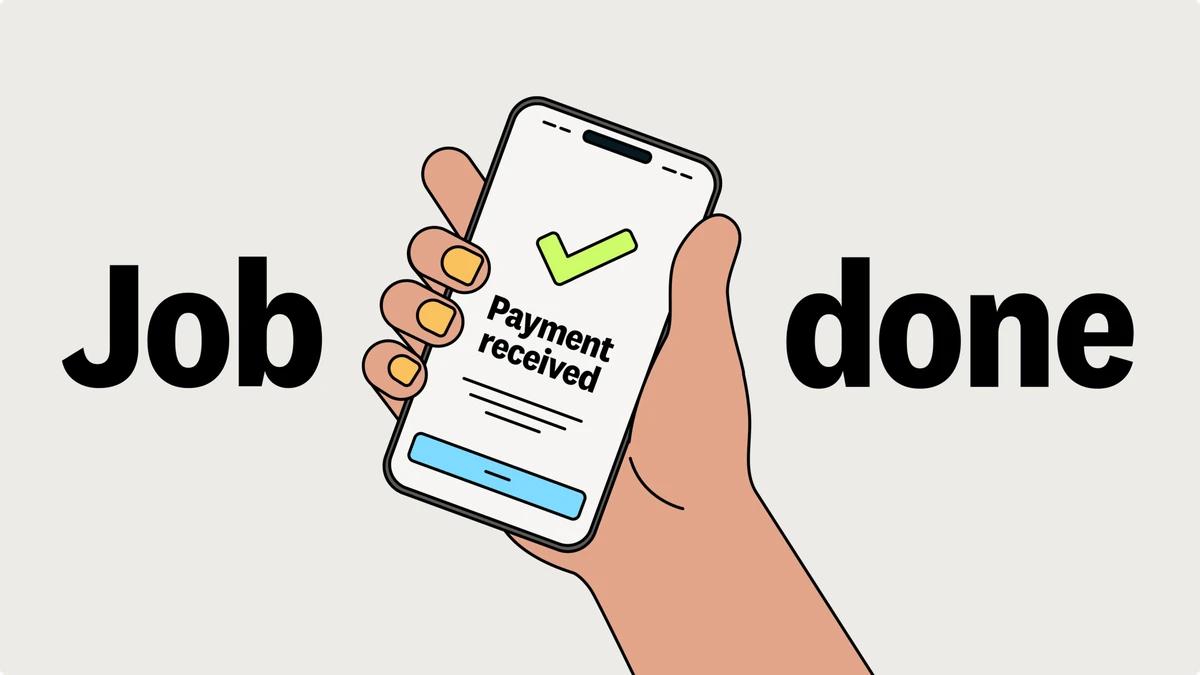Anuncio ilustrado de Zempler: «Job done» con un teléfono